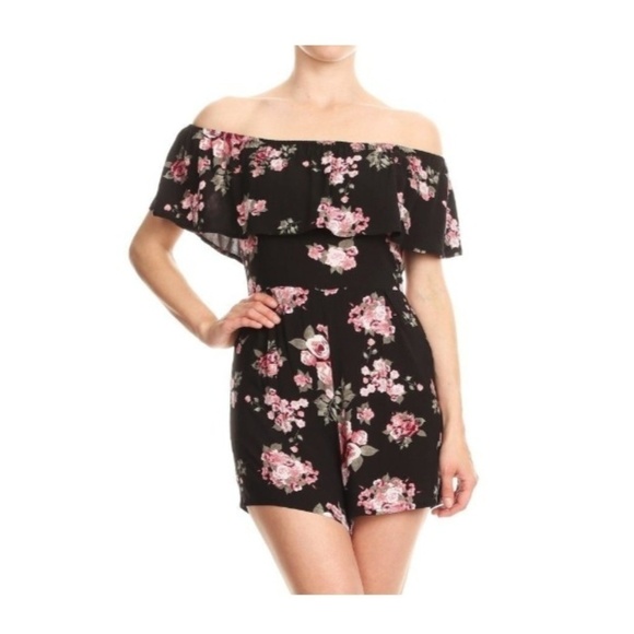 Floral Romper Off Shoulder Ruffle Shorts Jumpsuit - Picture 1 of 5